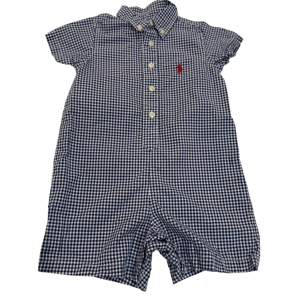 Polo Ralph Lauren Baby 18M Blue Gingham Romper 100% Cotton Preppy Classic